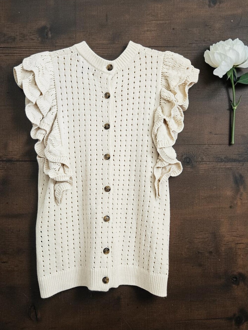 Who What Wear Cream Eyelet Knit Ruffle Sleeve Crewneck Sweater - Picture 3 of 5